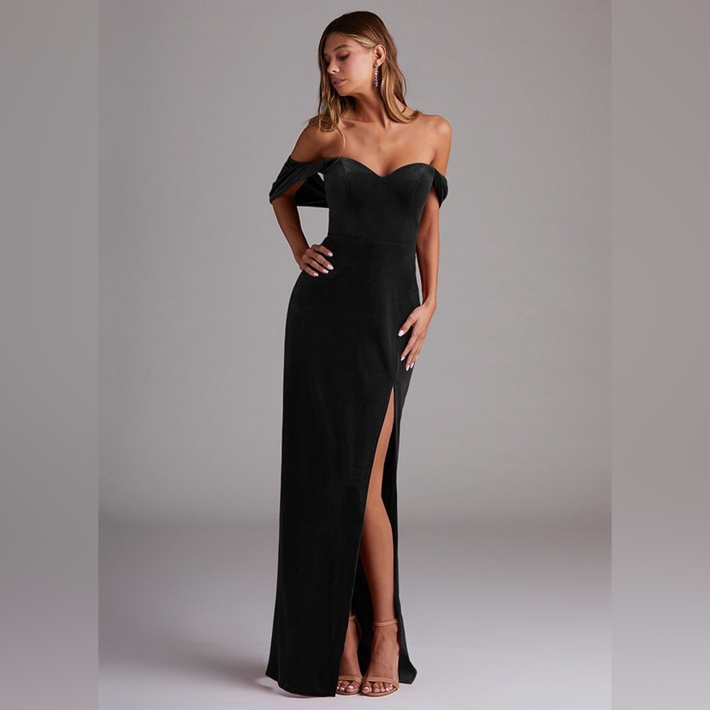 Azazie Black Sheath Off the Shoulder Velvet Convertible Dress - black